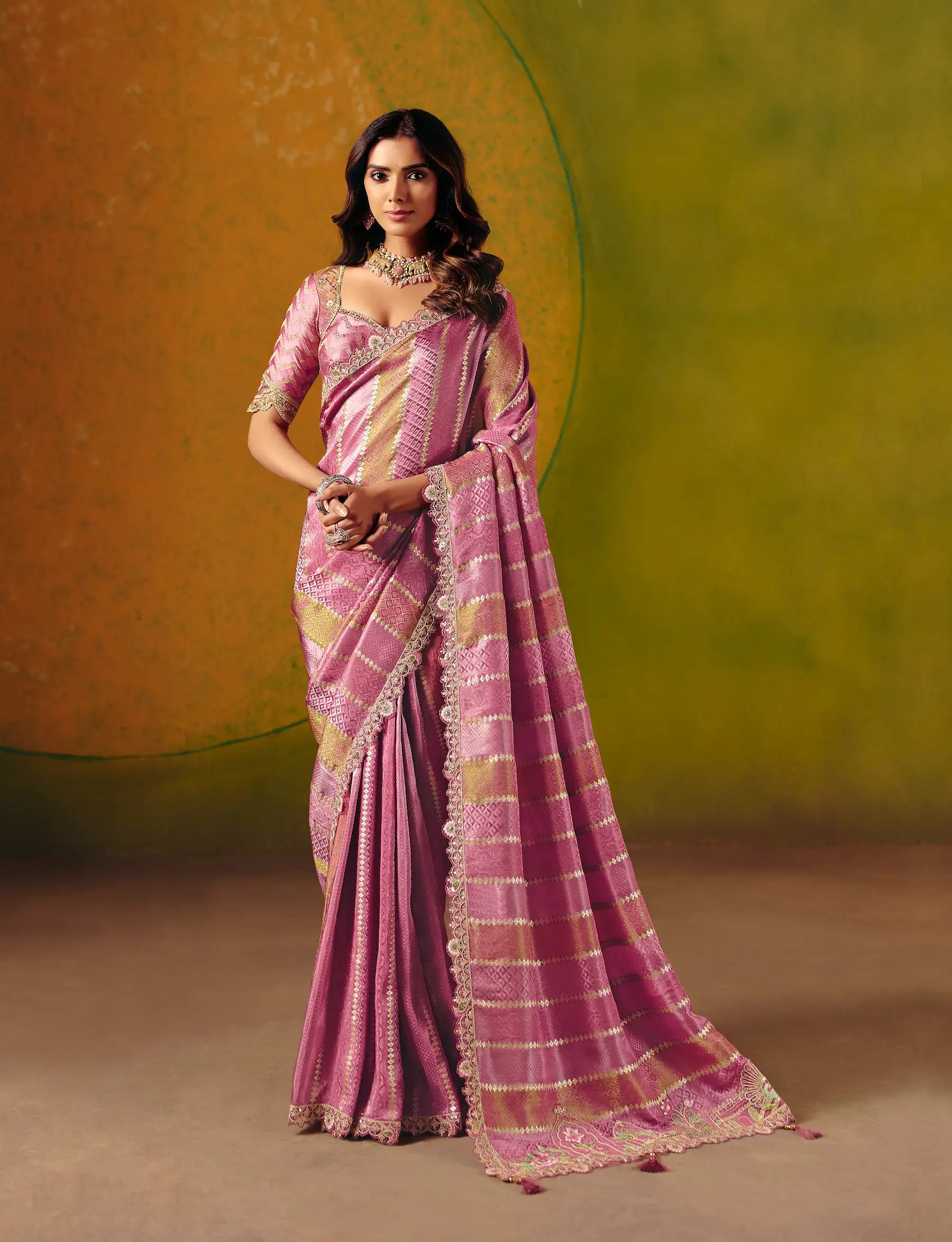 Tulip Pink Jacquard Silk Embroidery Saree
