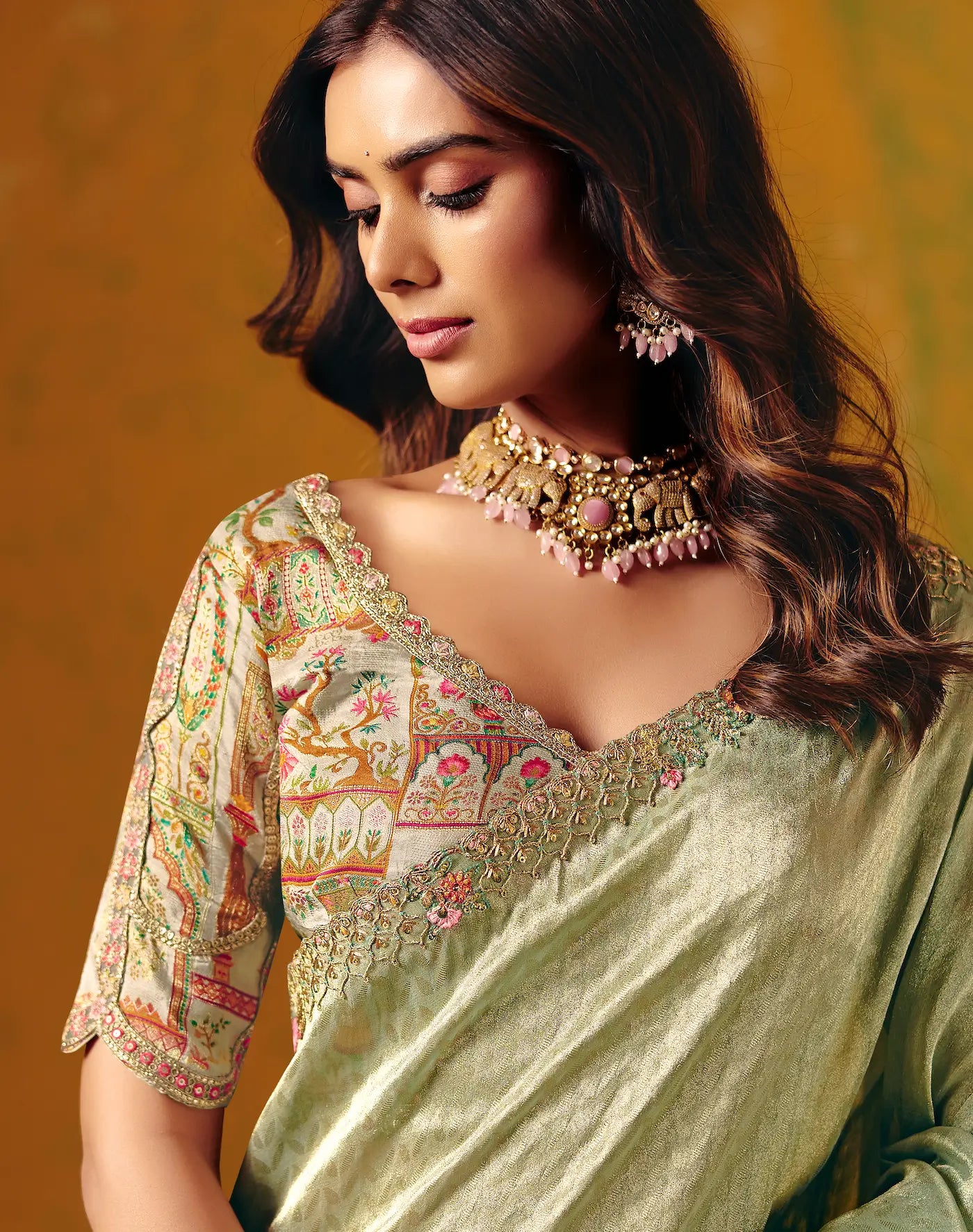 Tea Green Zari Silk Embroidery Saree