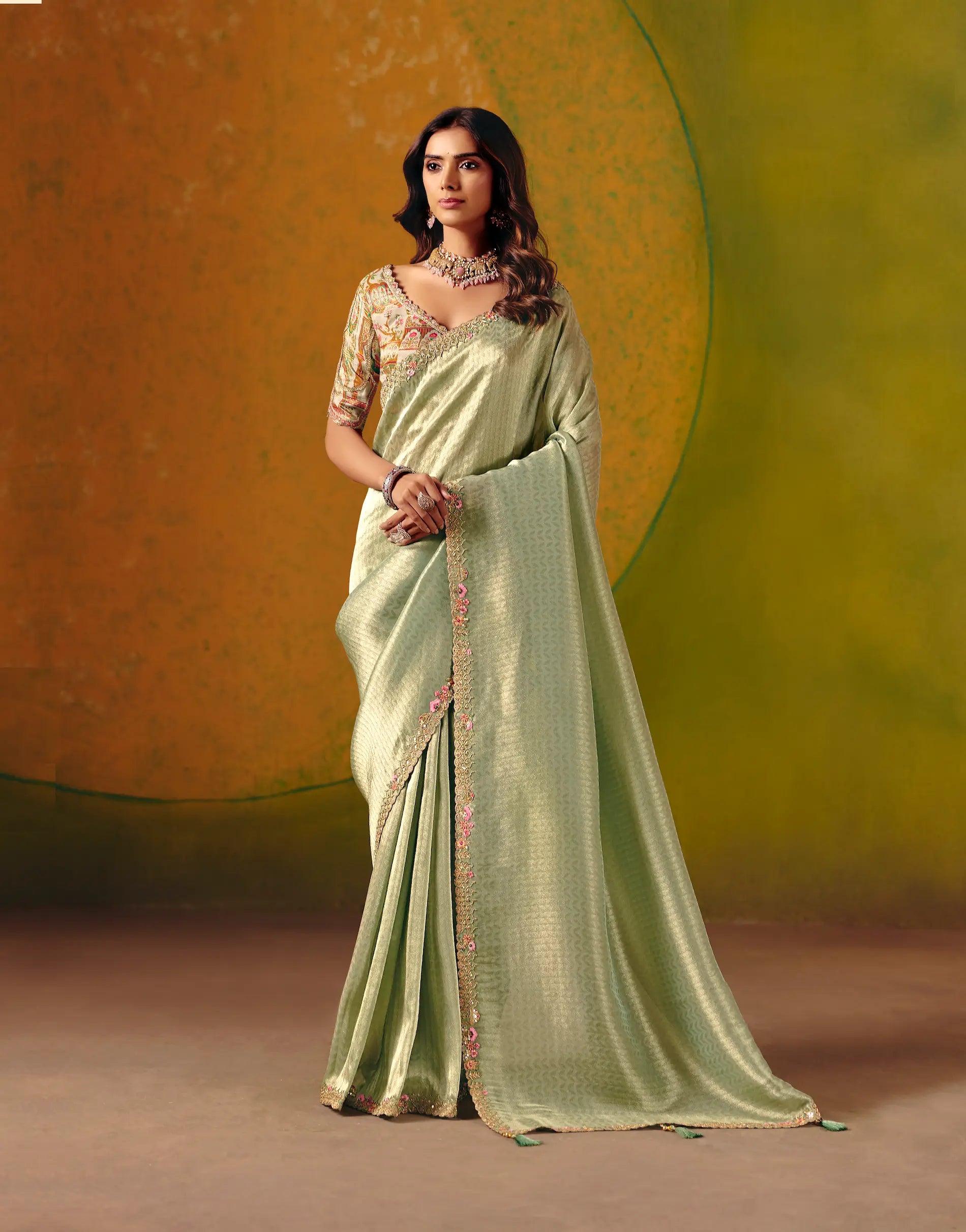 Tea Green Zari Silk Embroidery Saree