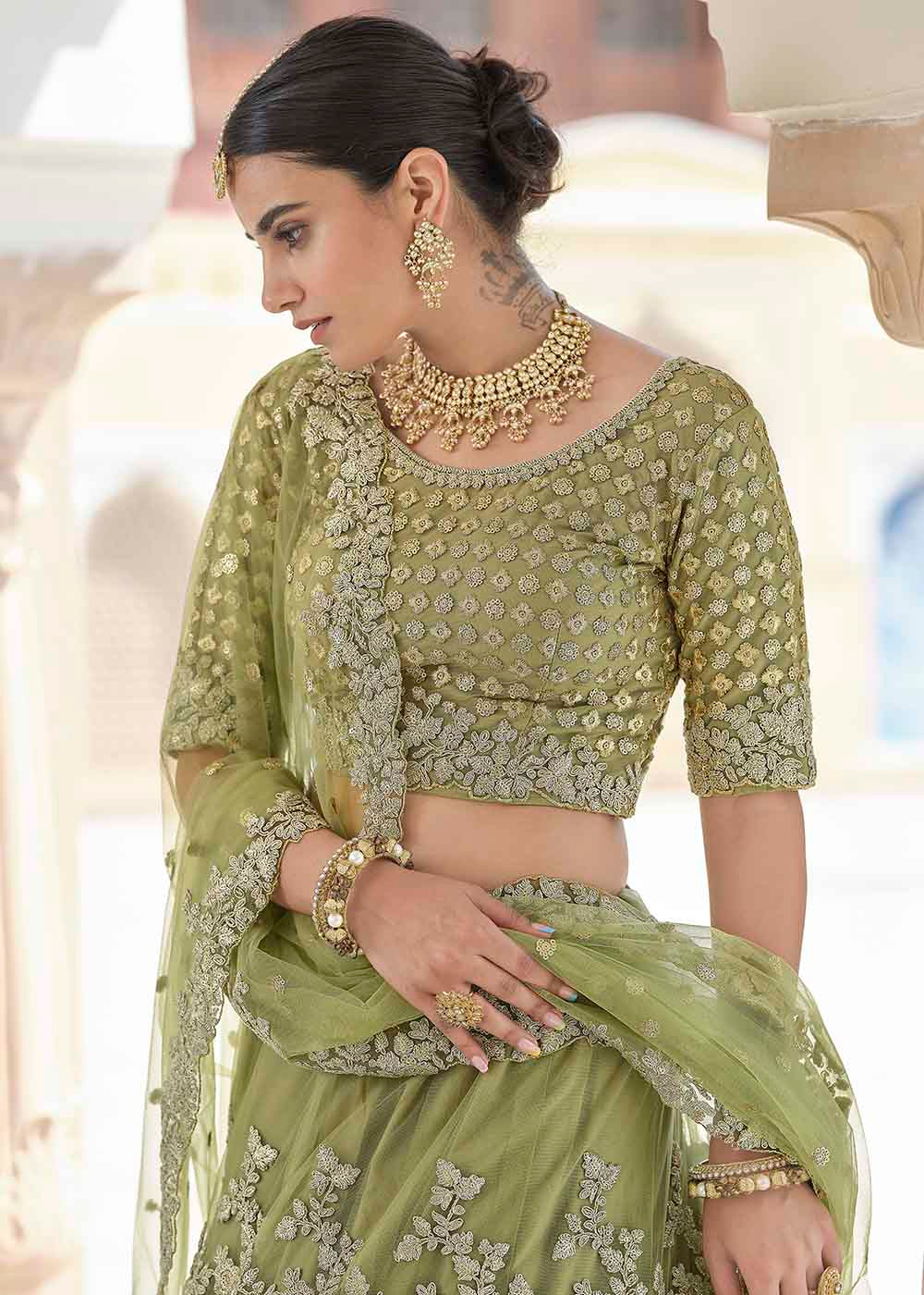 Olive Green Soft Net Lehenga Choli with Dori & Sequins work | Ready To Wear - qivii