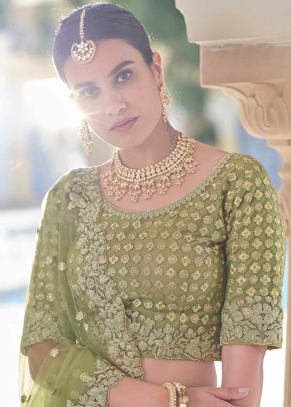 Olive Green Soft Net Lehenga Choli with Dori & Sequins work | Ready To Wear - qivii