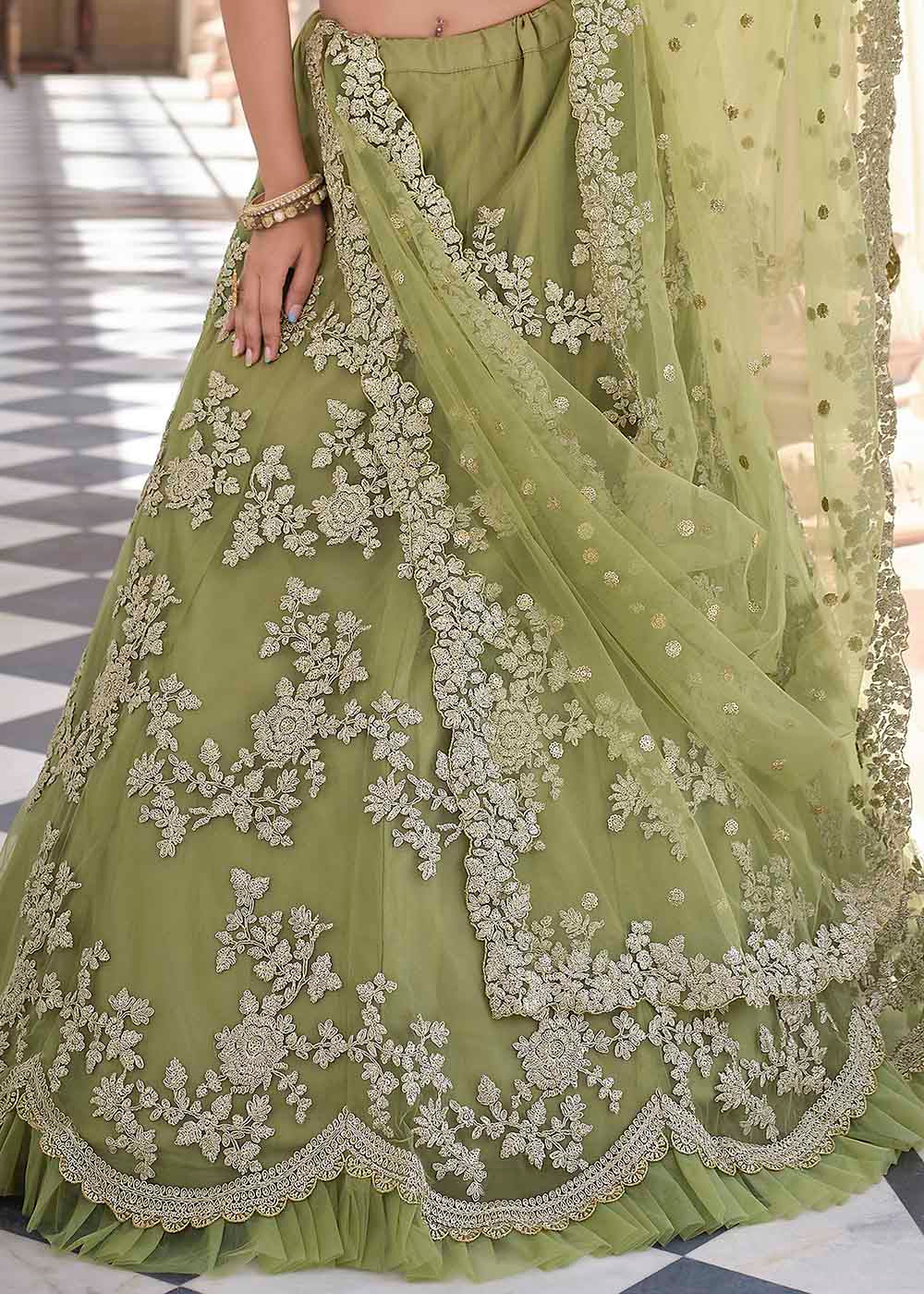 Olive Green Soft Net Lehenga Choli with Dori & Sequins work | Ready To Wear - qivii