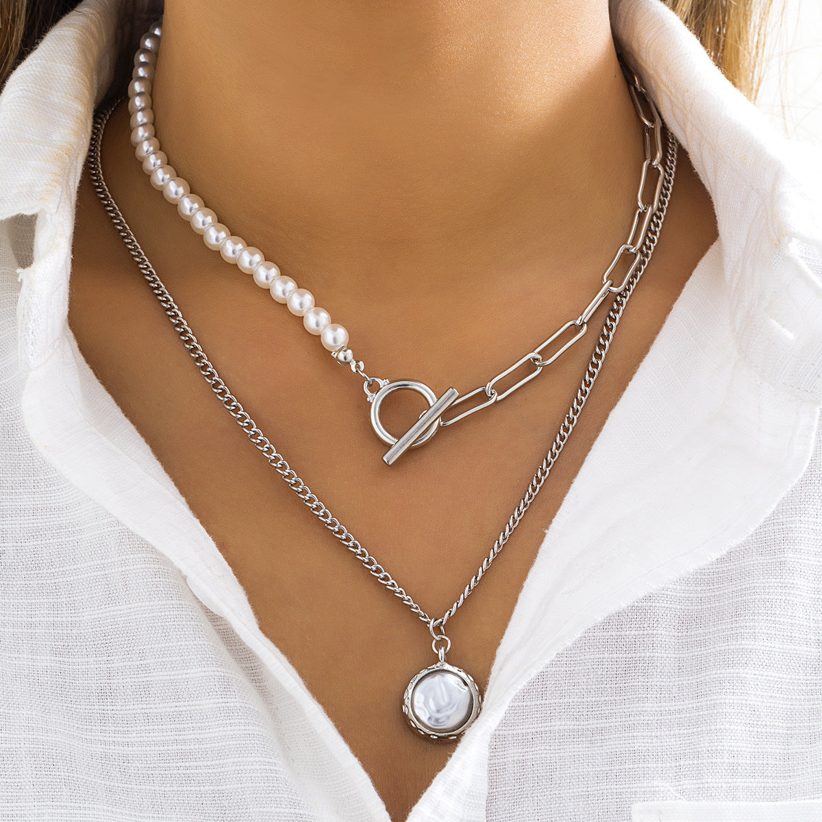 Baroque Stitching Woven Pearl Double Layer Necklace Retro