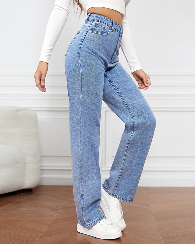 Women's High Waist Zipper Fly Straight Leg Jeans  - By Qivii