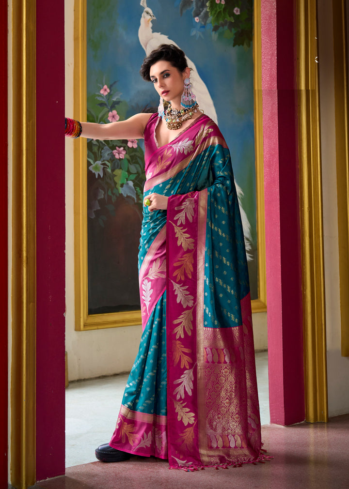 Teal Banarasi Silk Tissue With Beutifull Weaving Work  & Contrast Border Saree