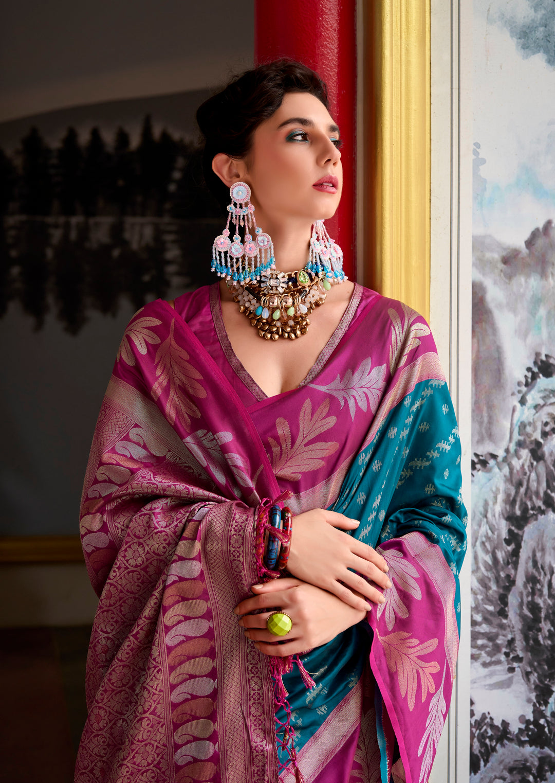 Teal Banarasi Silk Tissue With Beutifull Weaving Work  & Contrast Border Saree