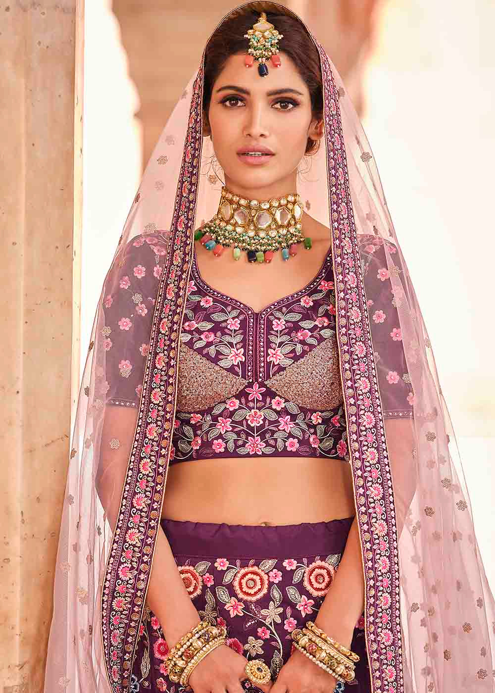 Rasin Purple Crepe Lehenga Choli with Thread, Zarkan & Sequins work | Ready To Wear - qivii