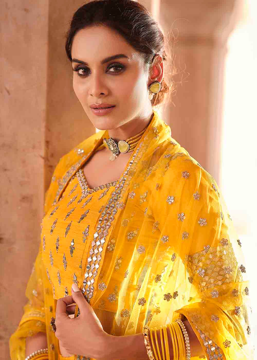 Bright Yellow Art Silk Lehenga Choli with Real Mirror & Zari work | Ready To Wear - qivii