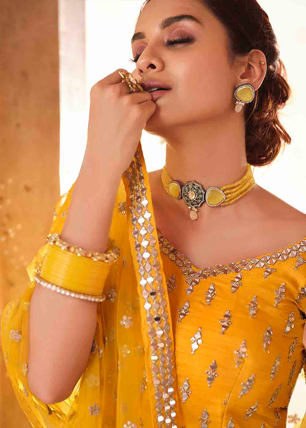 Bright Yellow Art Silk Lehenga Choli with Real Mirror & Zari work | Ready To Wear - qivii