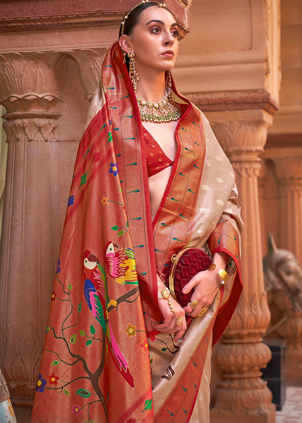 Red & Brown Paithani Silk Saree - qivii