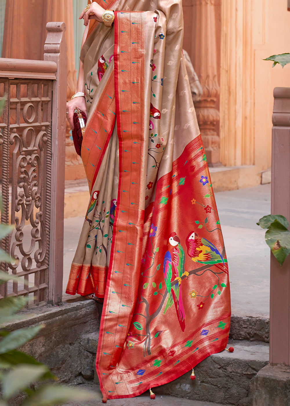 Red & Brown Paithani Silk Saree - qivii