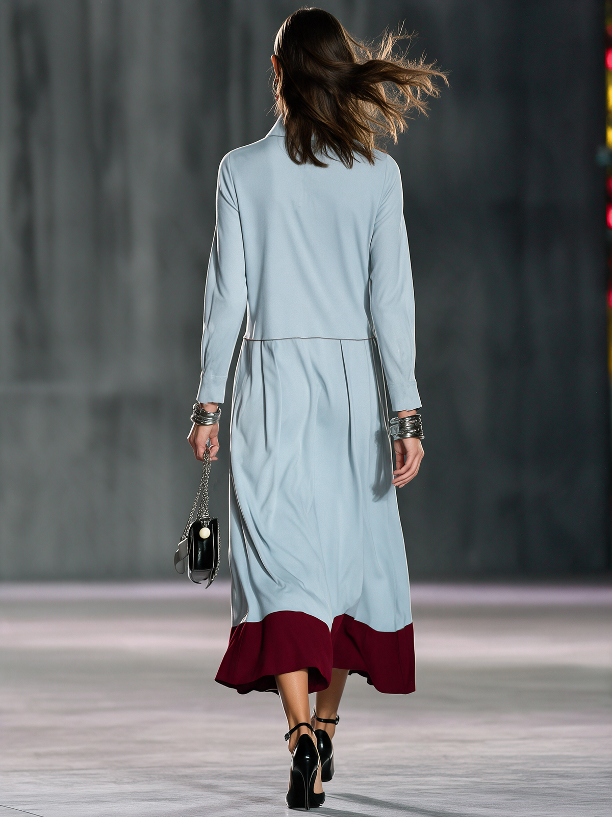 Women's Elegant Light Blue Stretch Knit Long-Sleeve Midi Dress MDZ0885I4LXY