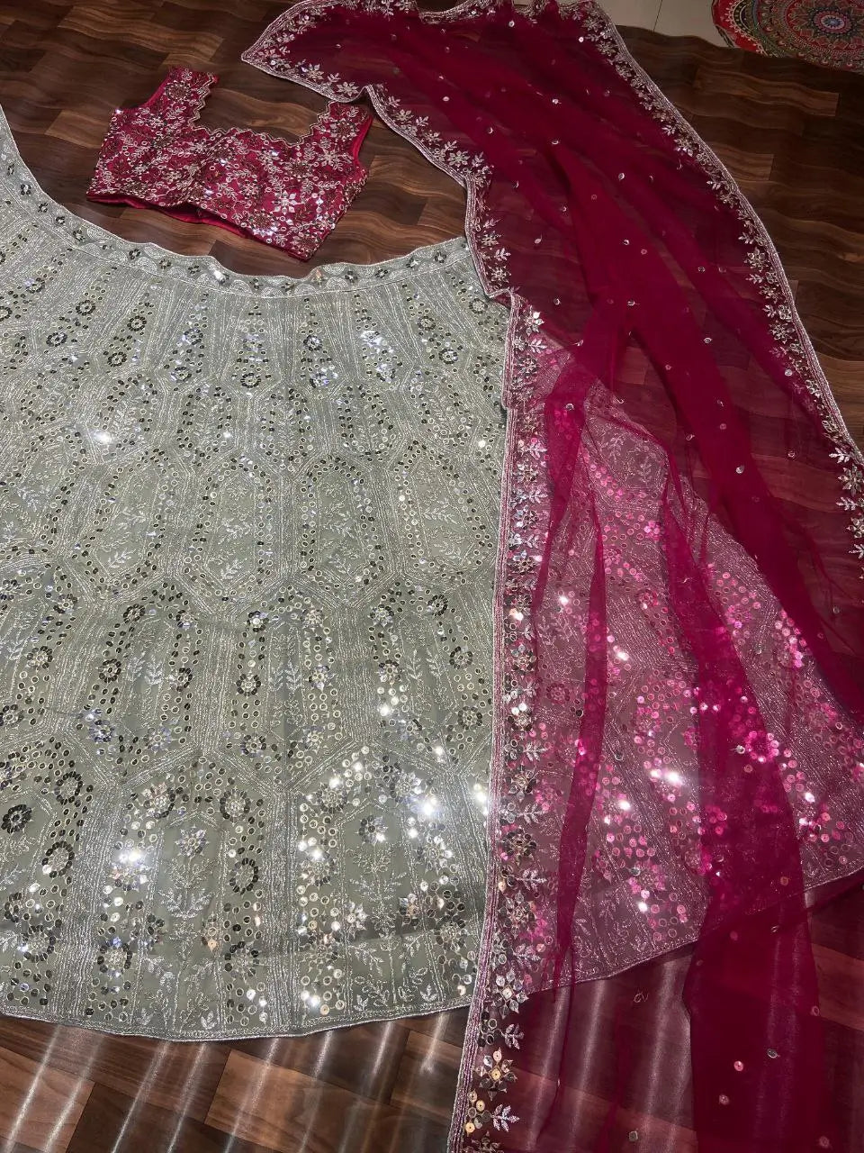 Grey And Pink Georgette Lehenga With Embroidery Coding Sequins Work | Ready To Wear - qivii