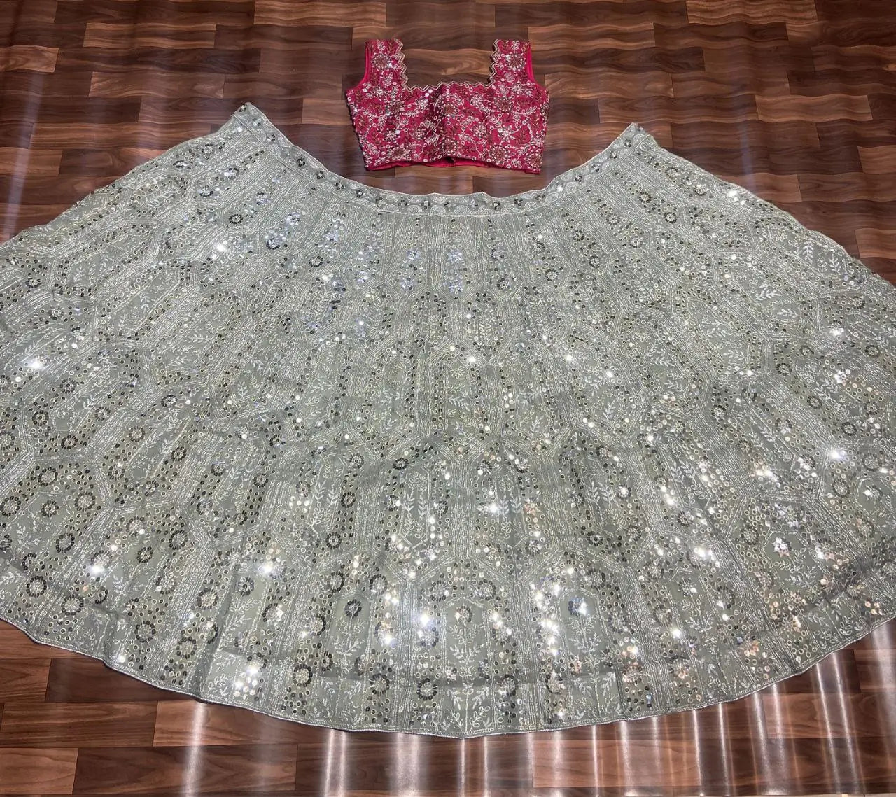 Grey And Pink Georgette Lehenga With Embroidery Coding Sequins Work | Ready To Wear - qivii