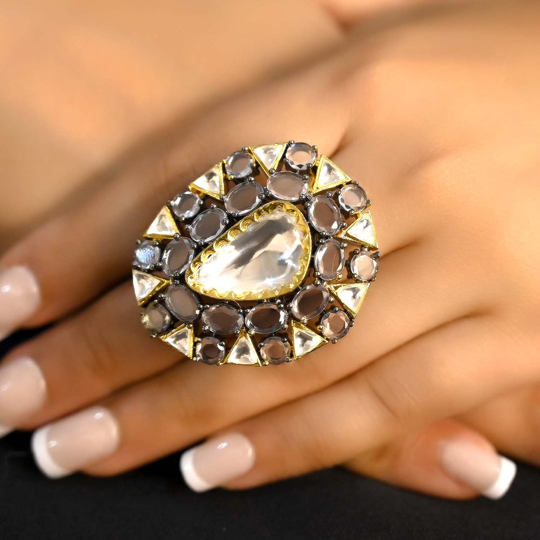 Gold and rhodium plated Victorian ring with Hemakshi diamonds, exquisite design