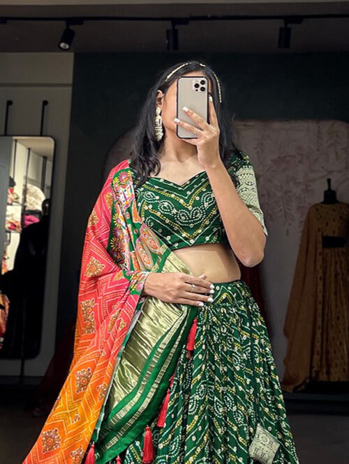 Viscose Dola Silk Printed With Zari Weaving Work Lehenga Choli in Green Color