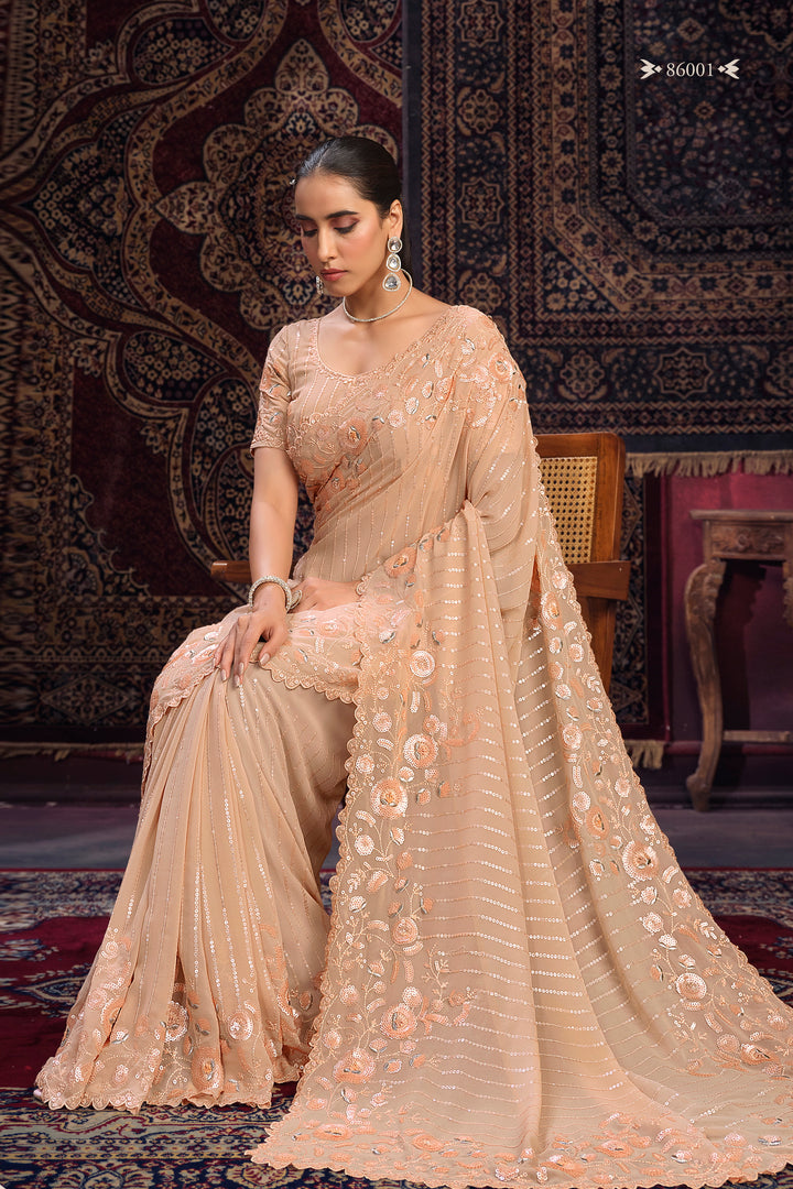 PEACH GEORGETTE PARTY LOOK SAREE - qivii