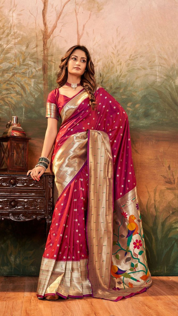 Wine Pure Paithani Silk Adorned With Gorgeous Paithani Woven Work Saree