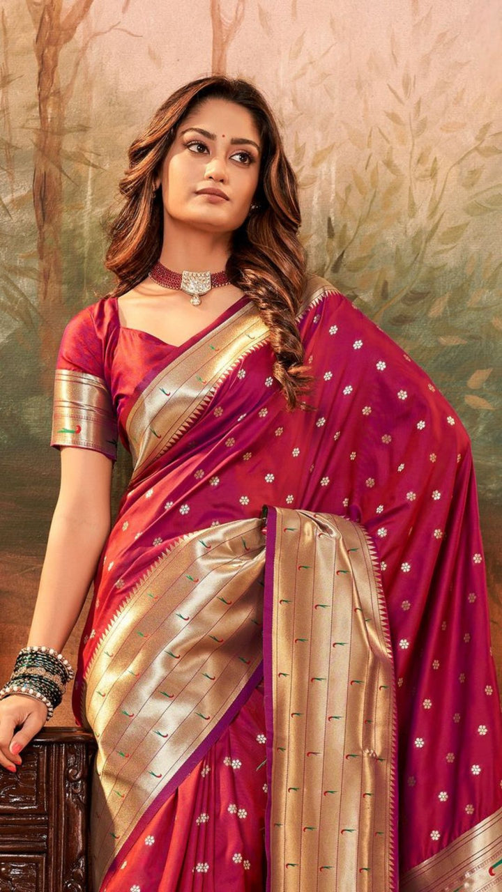 Wine Pure Paithani Silk Adorned With Gorgeous Paithani Woven Work Saree