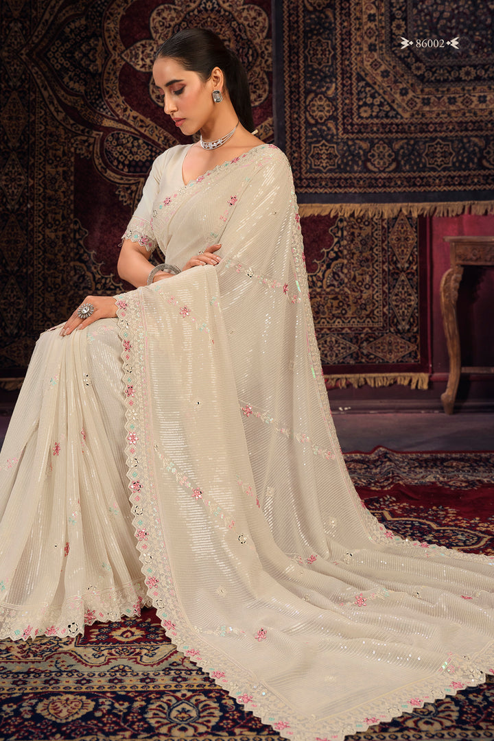 OFF WHITE GEORGETTE PARTY LOOK SAREE - qivii