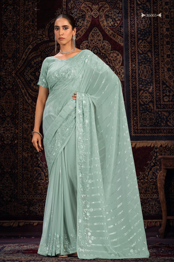 SEA GREEN GEORGETTE PARTY LOOK SAREE - qivii