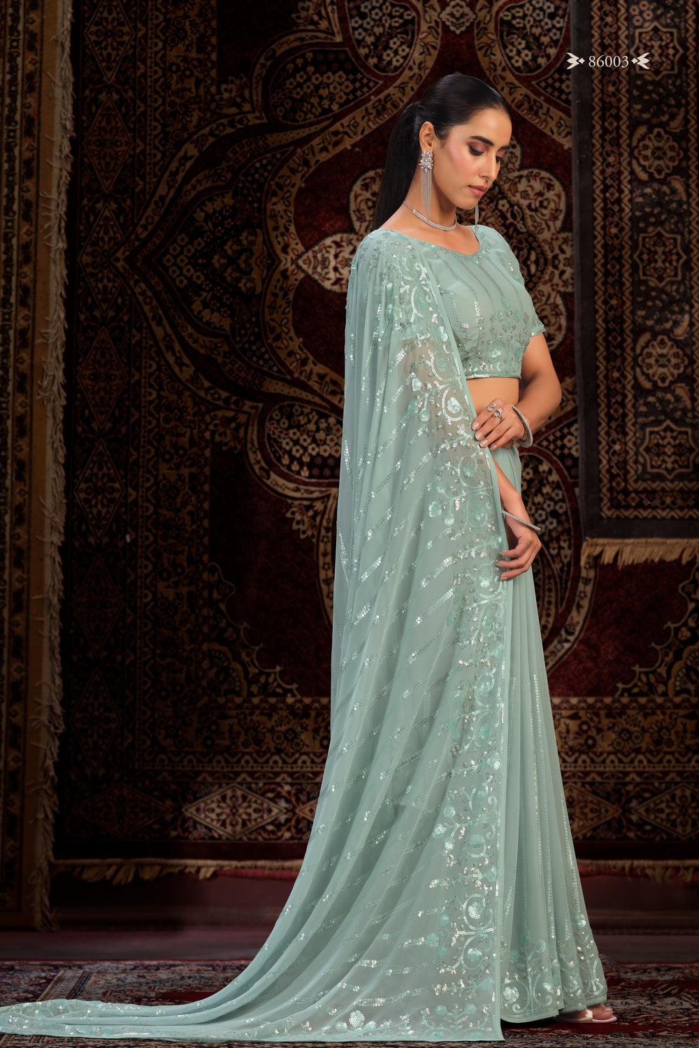 SEA GREEN GEORGETTE PARTY LOOK SAREE - qivii