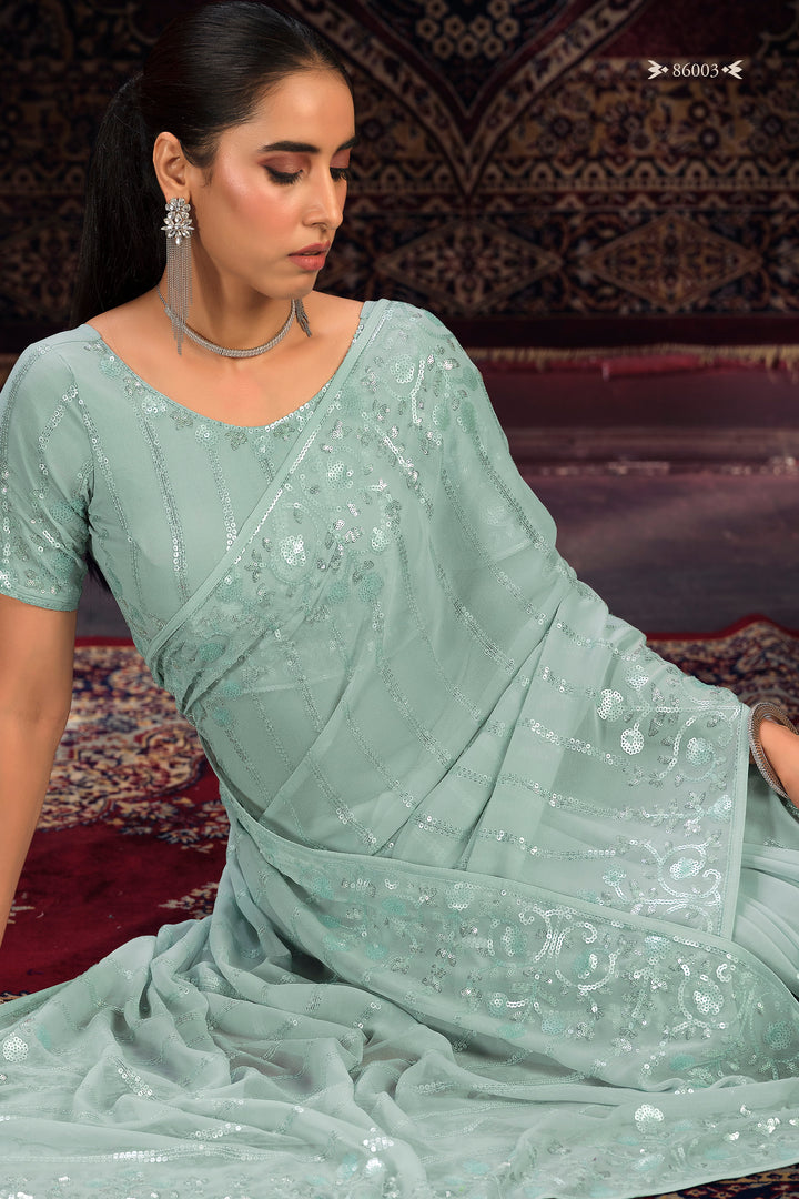 SEA GREEN GEORGETTE PARTY LOOK SAREE - qivii