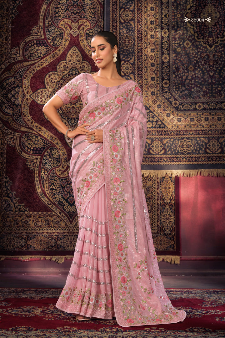 PINK GEORGETTE PARTY LOOK SAREE - qivii