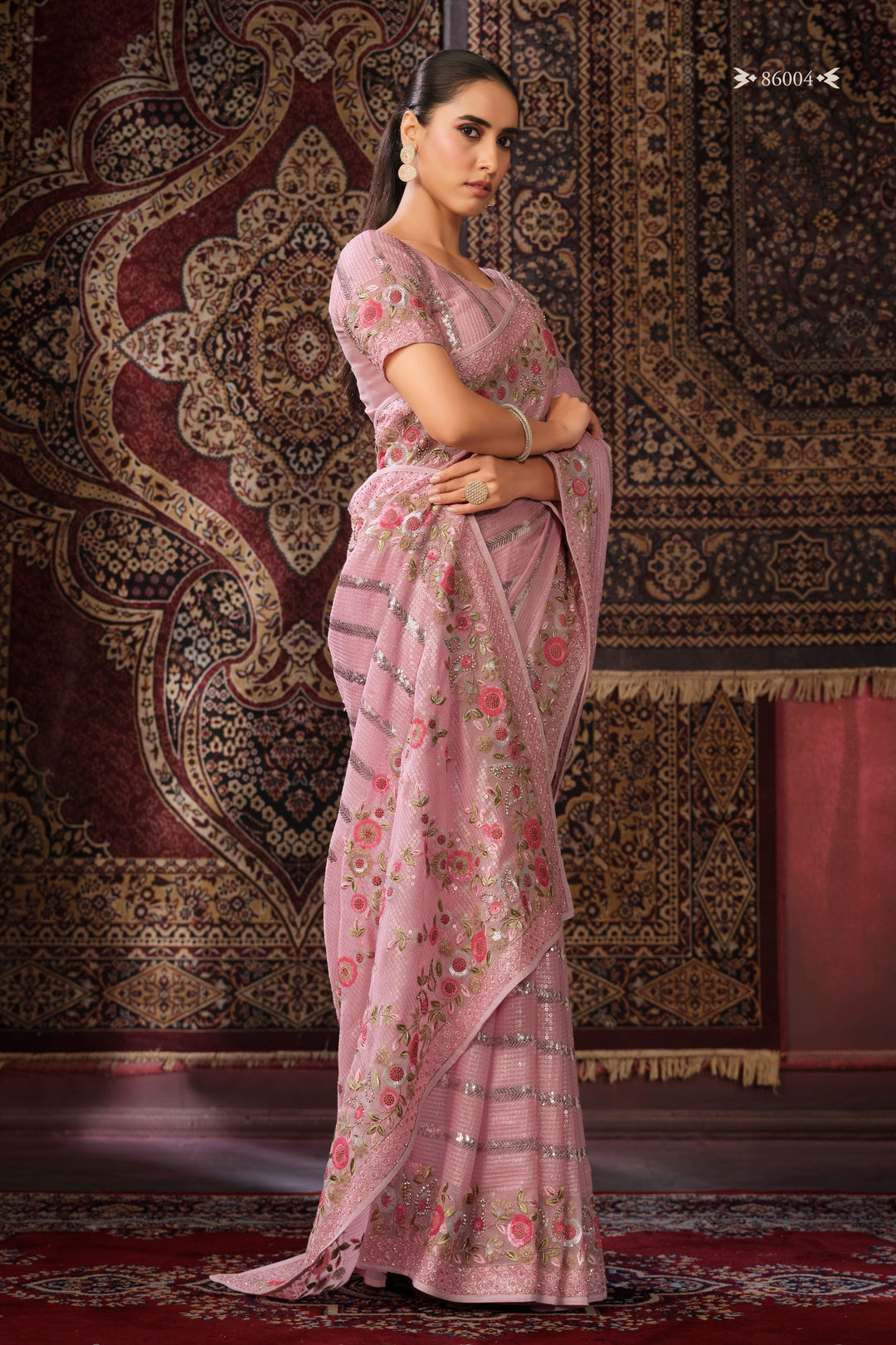 PINK GEORGETTE PARTY LOOK SAREE - qivii