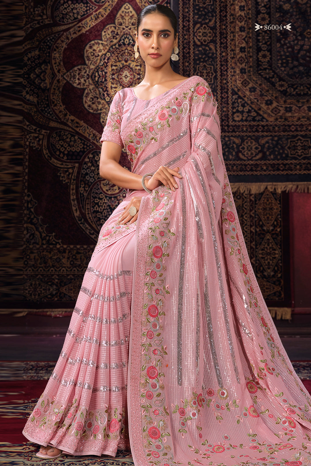 PINK GEORGETTE PARTY LOOK SAREE - qivii