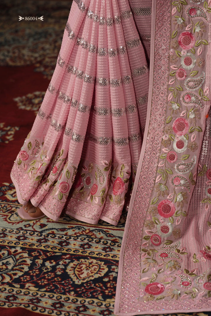 PINK GEORGETTE PARTY LOOK SAREE - qivii