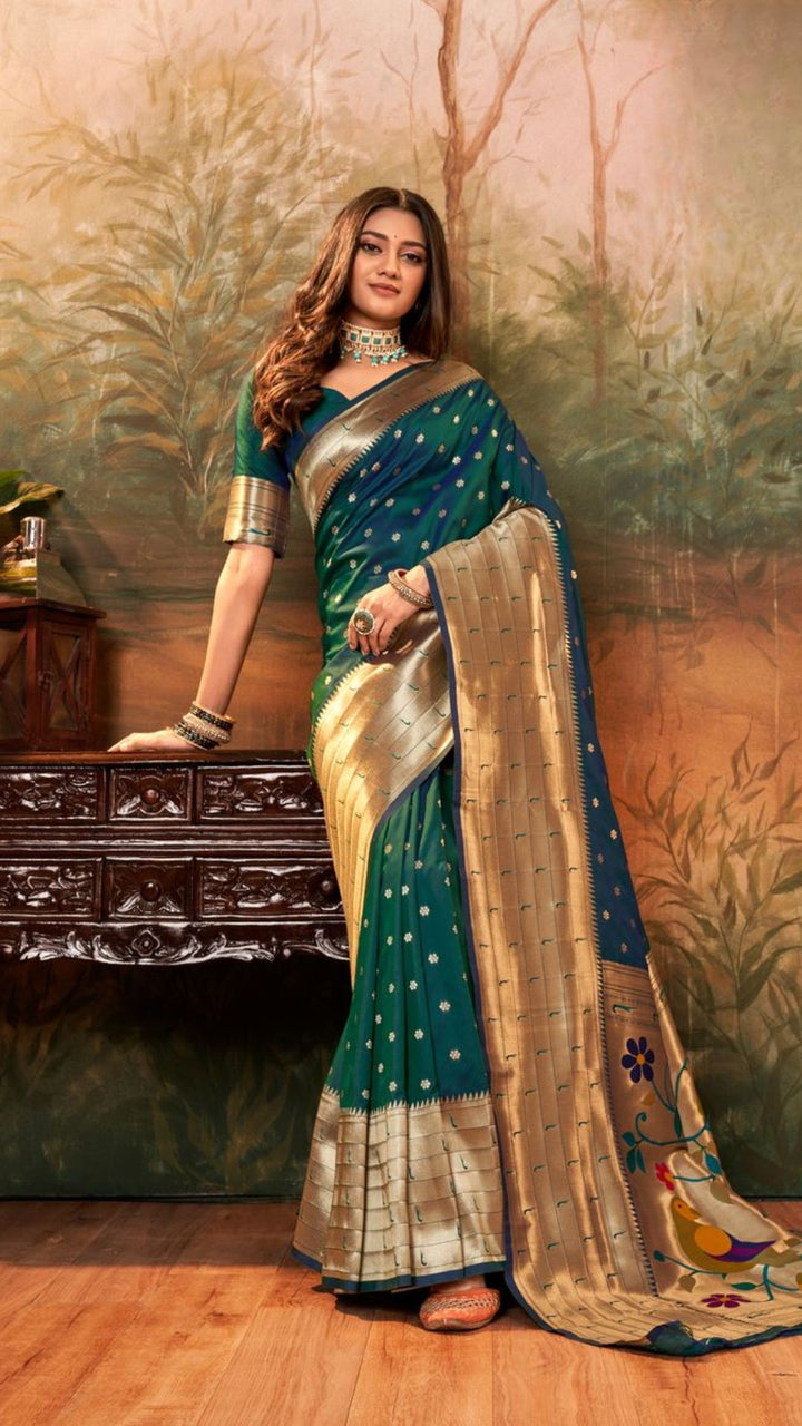 Exquisite green pure Paithani silk saree with intricate Paithani woven work