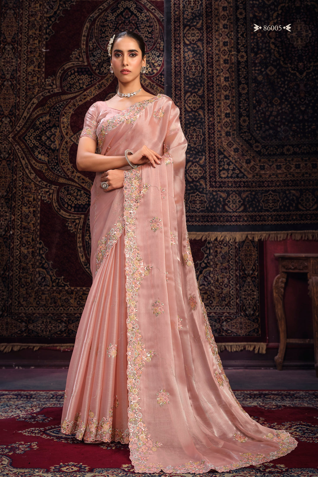 PEACH ORGANZA PARTY LOOK SAREE - qivii