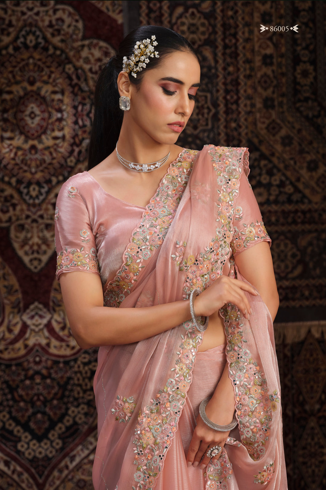 PEACH ORGANZA PARTY LOOK SAREE - qivii