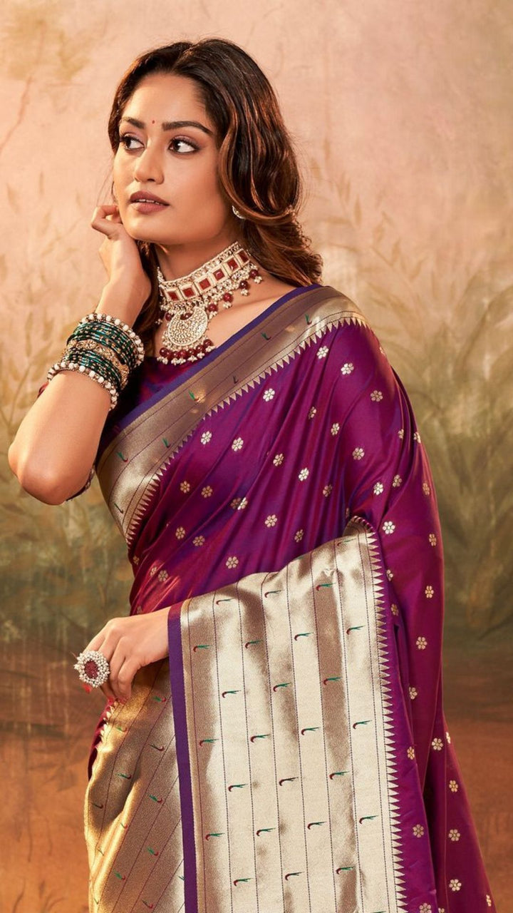 Purple Pure Paithani Silk Adorned With Gorgeous Paithani Woven Work Saree