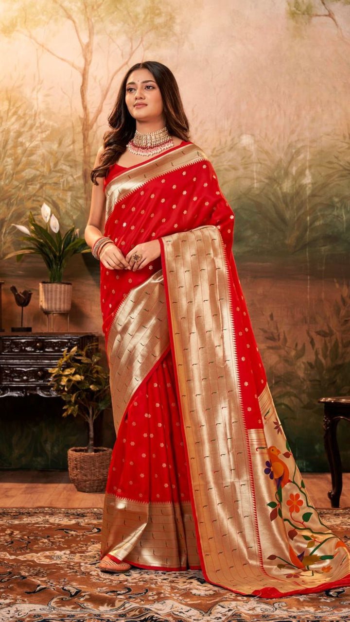 Red Pure Paithani Silk Adorned With Gorgeous Paithani Woven Work Saree