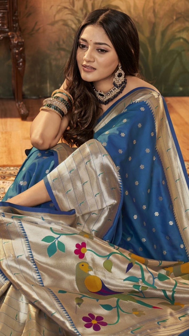 Blue Pure Paithani Silk Adorned With Gorgeous Paithani Woven Work Saree