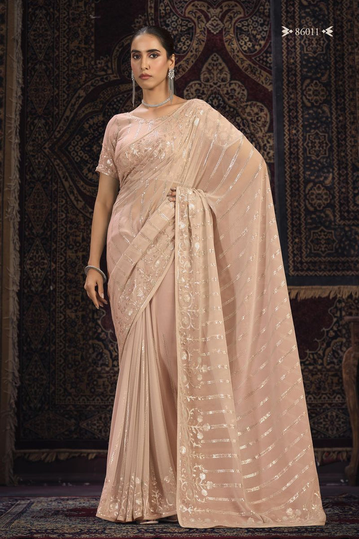 PEACH GEORGETTE PARTY LOOK SAREE WITH ZARI WORK - qivii