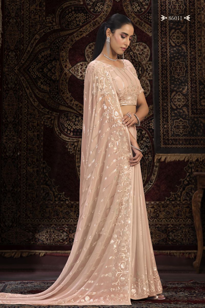 PEACH GEORGETTE PARTY LOOK SAREE WITH ZARI WORK - qivii