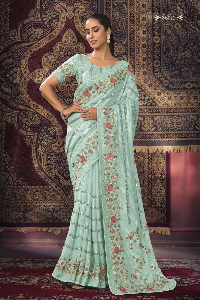 FIROZI GEORGETTE PARTY LOOK SAREE WITH ZARI WORK - qivii