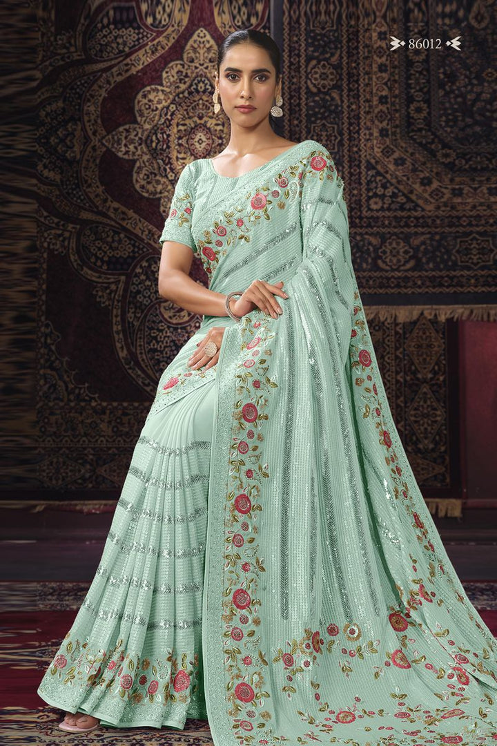 FIROZI GEORGETTE PARTY LOOK SAREE WITH ZARI WORK - qivii