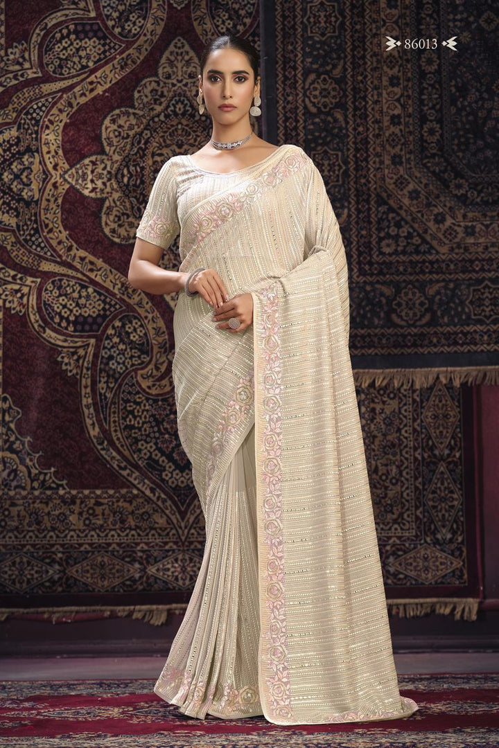 OFF WHITE GEORGETTE PARTY LOOK SAREE WITH MIRROR WORK - qivii