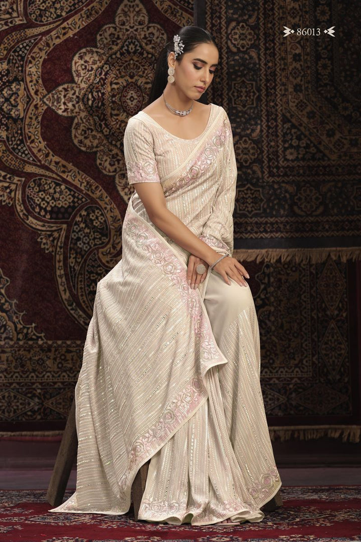 OFF WHITE GEORGETTE PARTY LOOK SAREE WITH MIRROR WORK - qivii