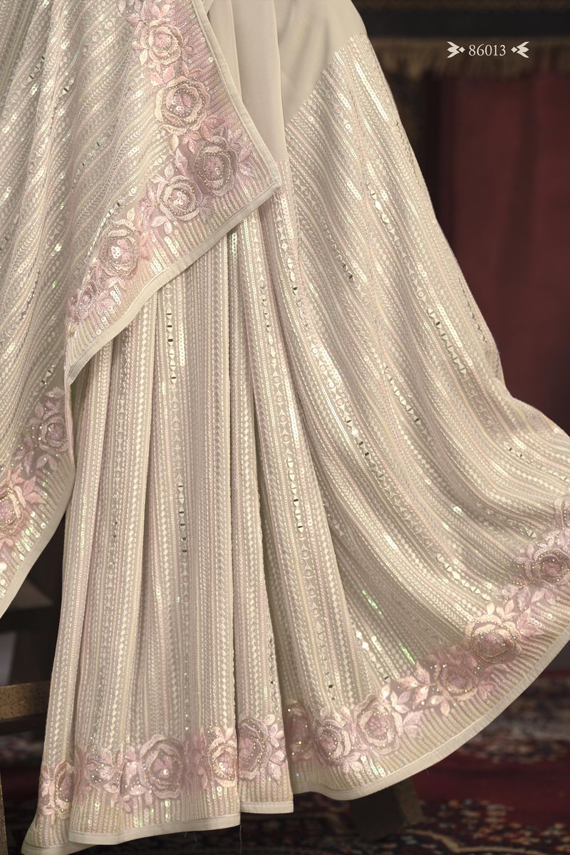 OFF WHITE GEORGETTE PARTY LOOK SAREE WITH MIRROR WORK - qivii