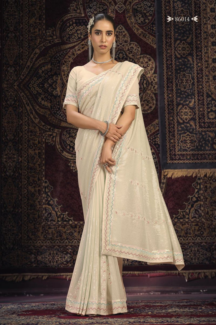 OFF WHITE GEORGETTE PARTY LOOK SAREE WITH THREAD WORK - qivii