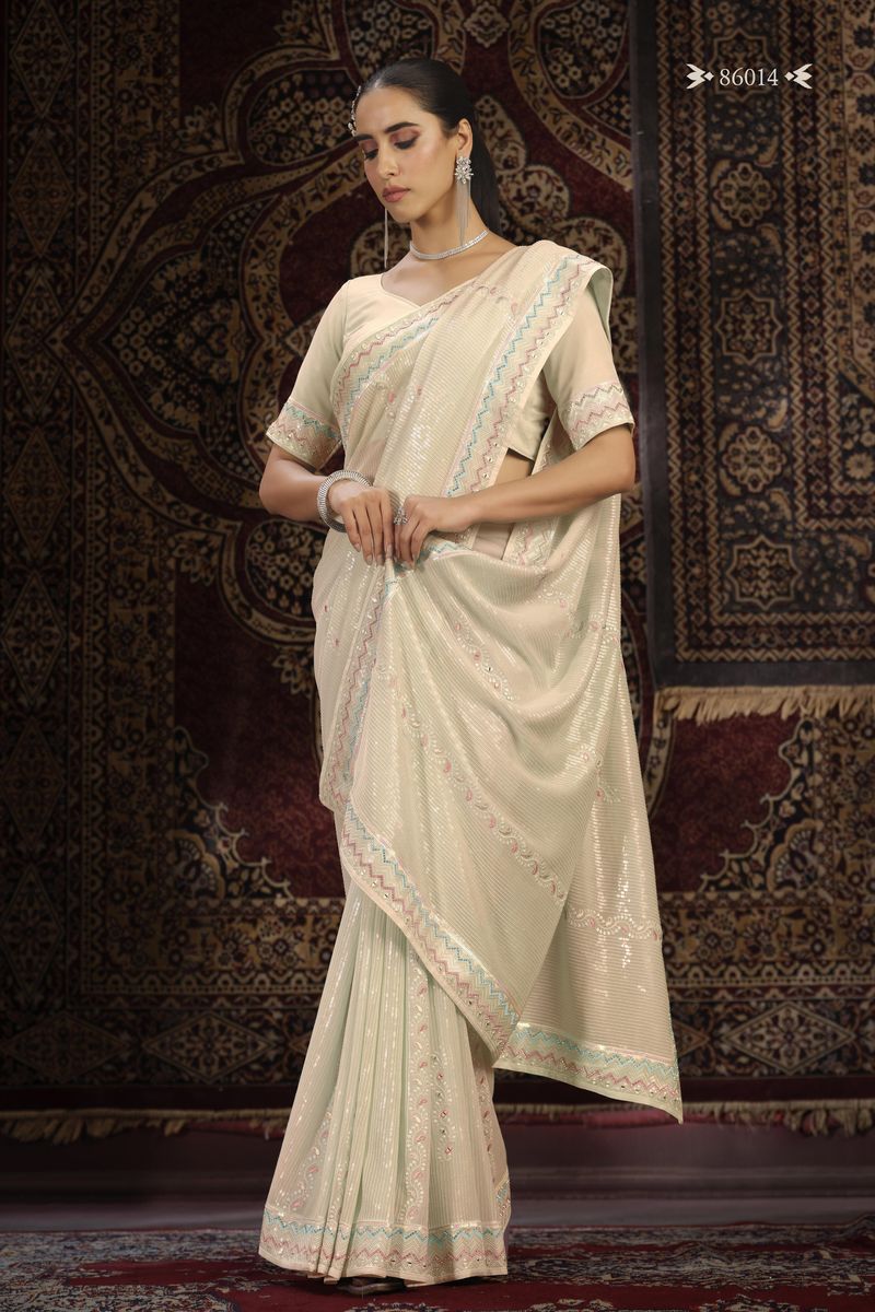 OFF WHITE GEORGETTE PARTY LOOK SAREE WITH THREAD WORK - qivii