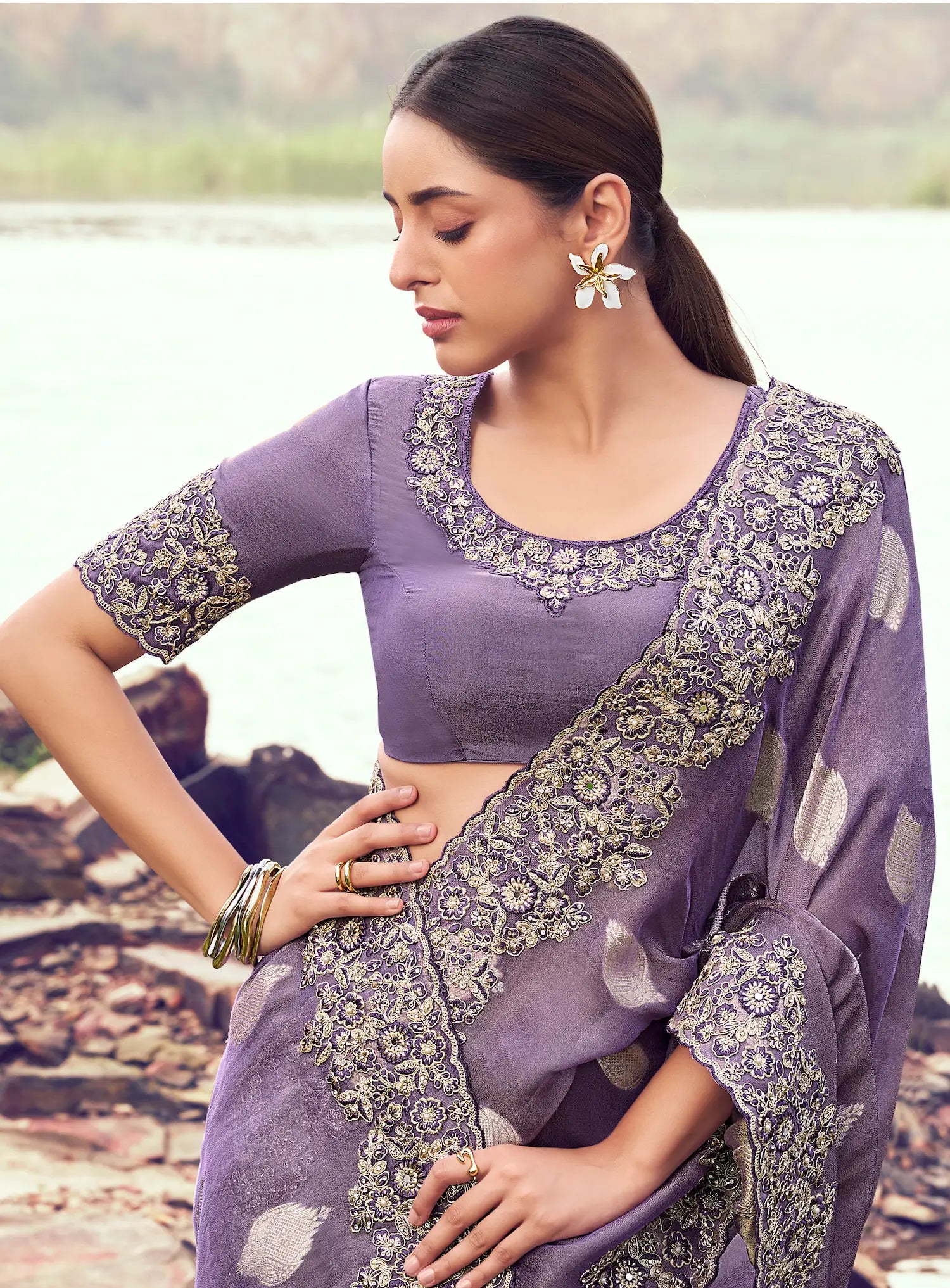 Dark Lilac Silk Heavy Embroidery & Hand Work Saree