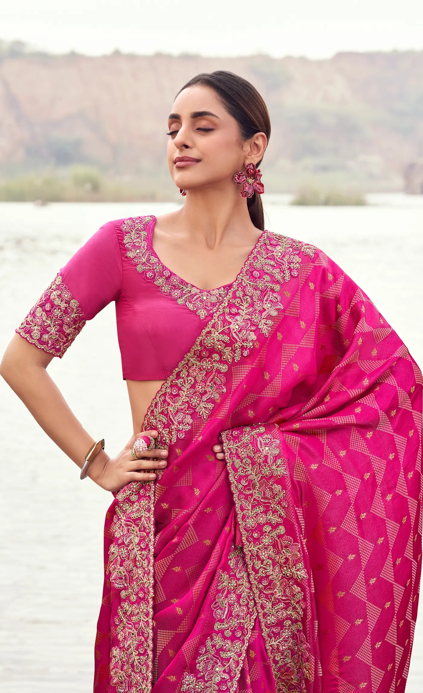 Rani Pink Silk Heavy Embroidery & Hand Work Saree