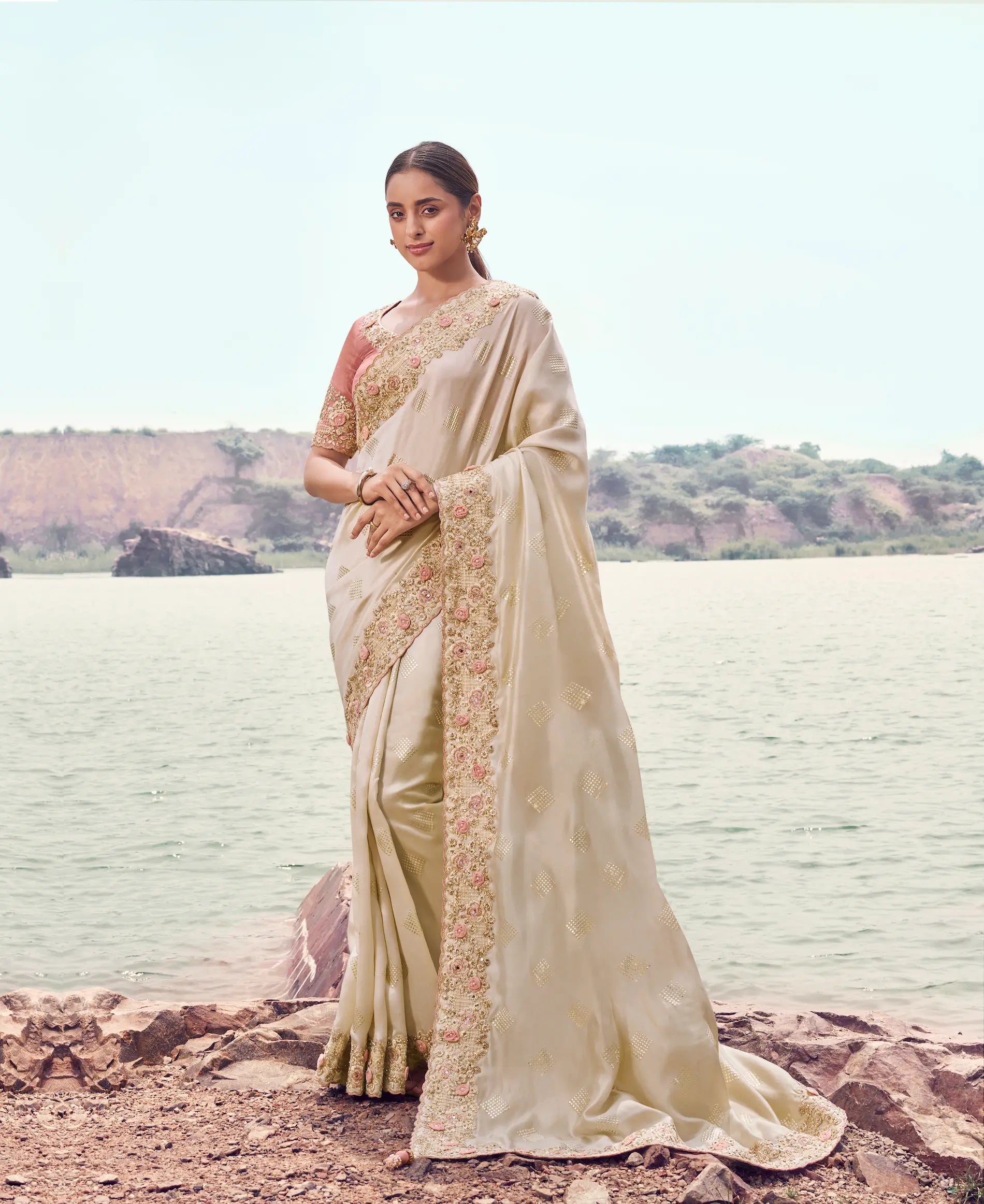 Ivory Gold Silk Heavy Embroidery & Hand Work Saree