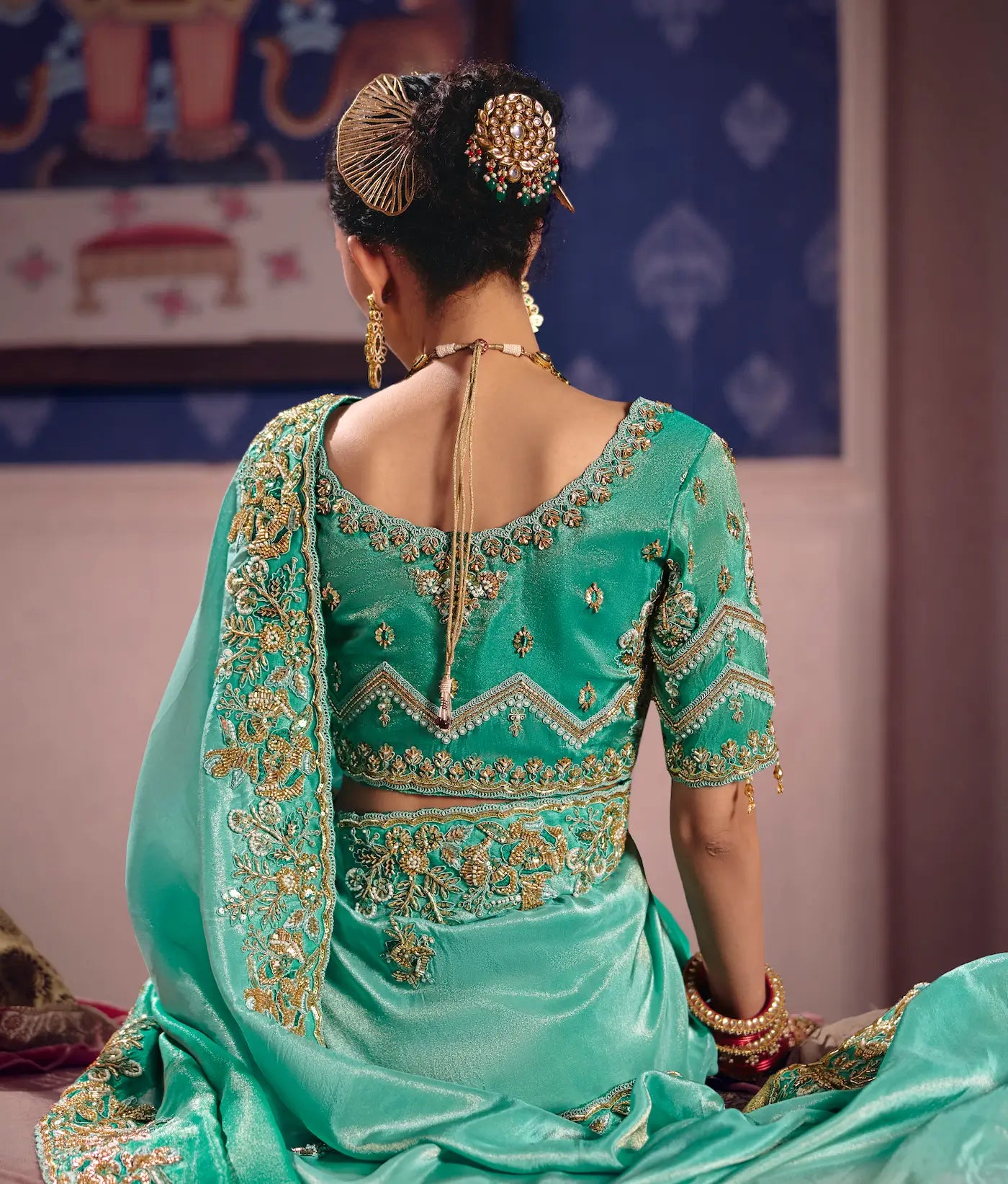 Shaded Green Silk Heavy Embroidered Saree